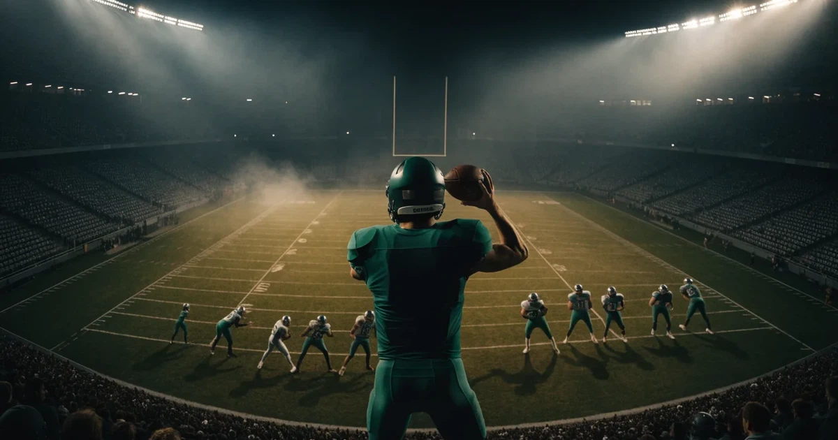 Ein American-Football-Feld mit weißen Yardlinien im Flutlicht, von einer hohen Tribüne aus gesehen, die Ränge leer, Zahlen nicht erkennbar.