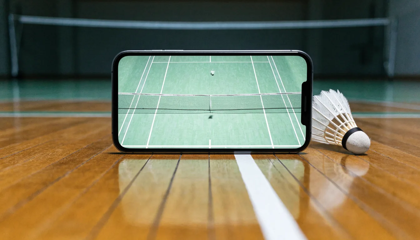 Zwei Badmintonschläger und ein Federball liegen auf einem Holzboden neben der Seitenlinie, weiches Licht fällt von der Seite ein.