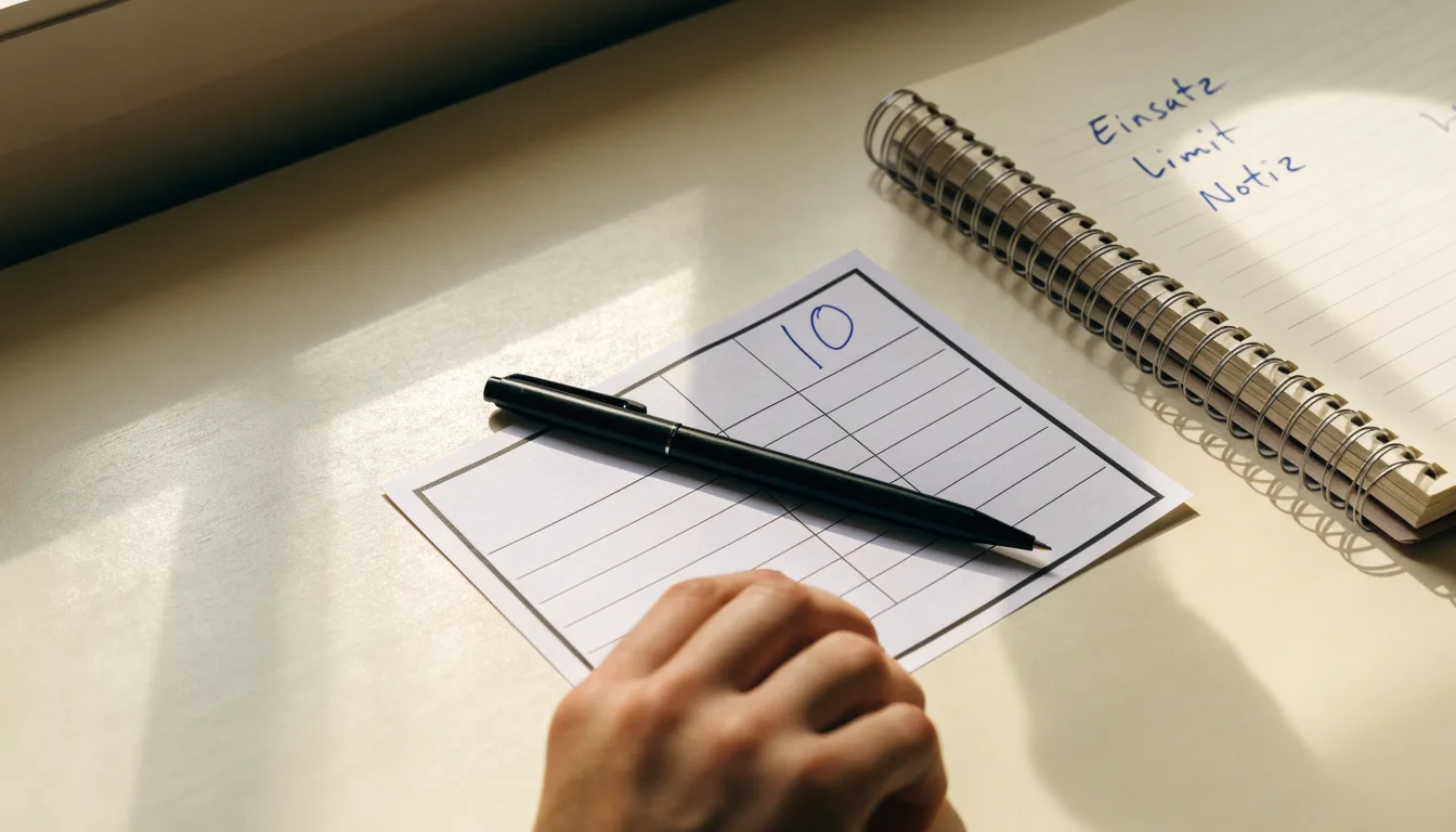 Ein leerer Papierwettschein und ein Kugelschreiber auf einer glatten Schreibtischplatte, daneben ein aufgeschlagenes Notizbuch mit handschriftlichen Notizen.